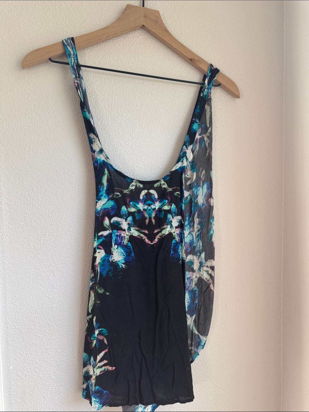 Black Floral Wrap Tank Top with Teal Accents